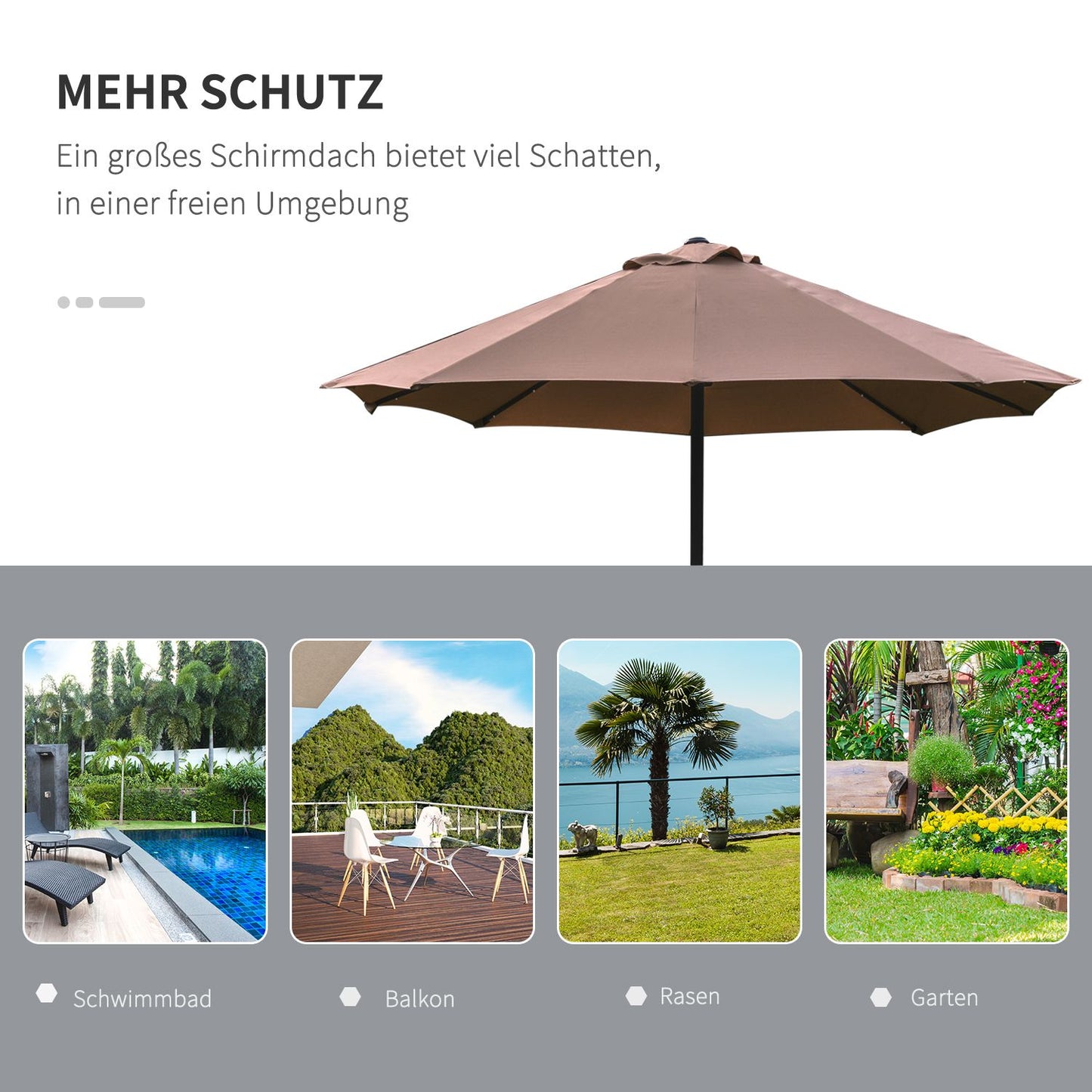 Khaki Oval Parasol with LED, Large 440 x 260 cm, Hand Crank