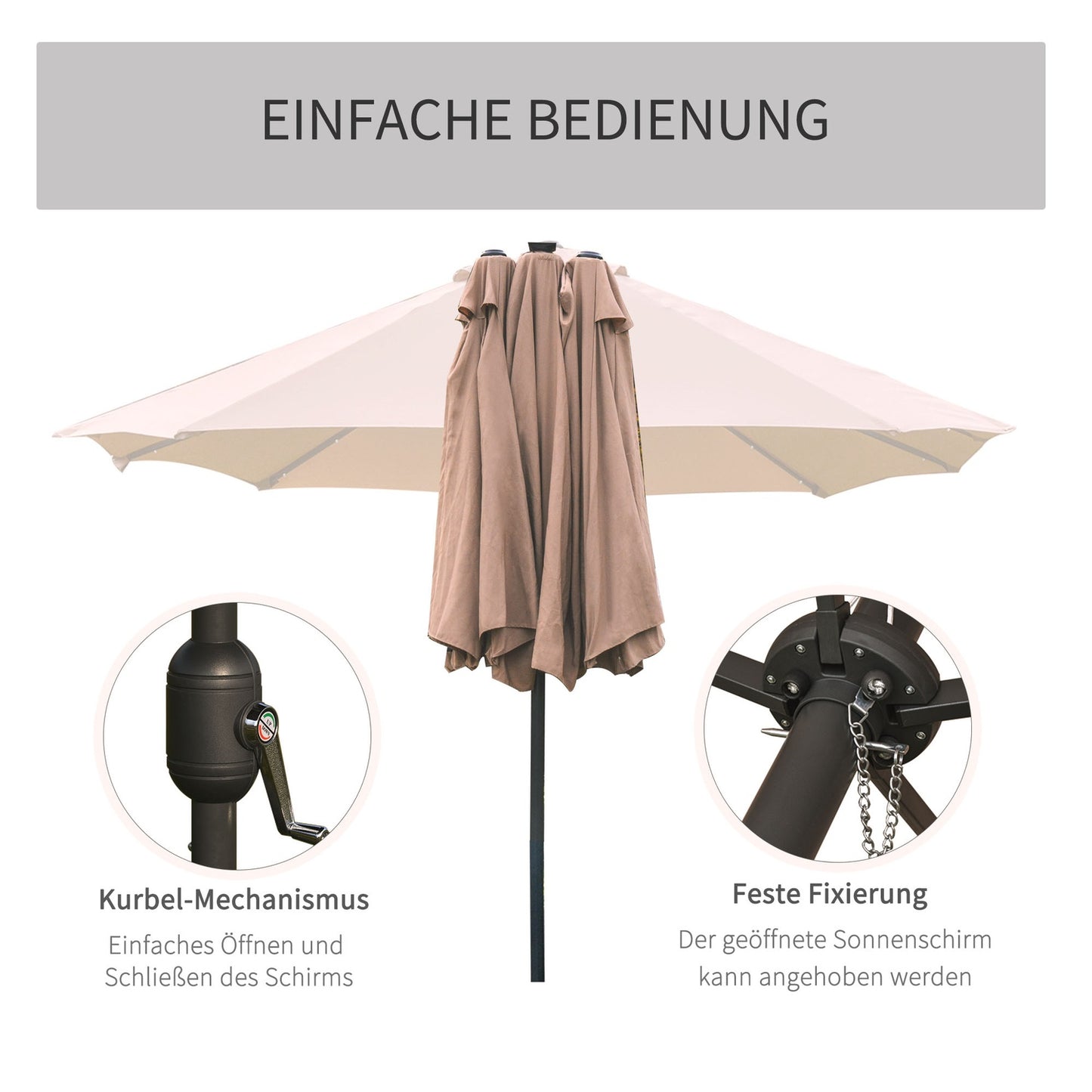 Khaki Oval Parasol with LED, Large 440 x 260 cm, Hand Crank