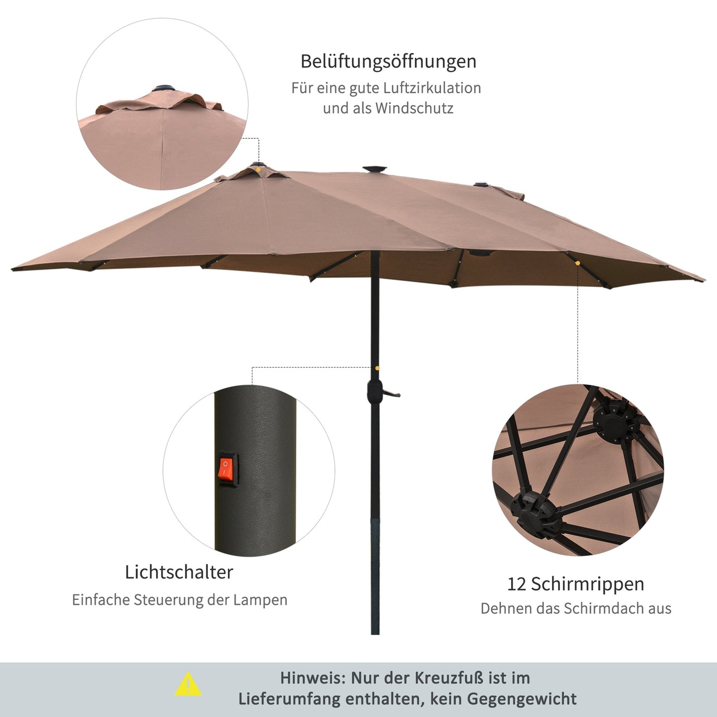 Khaki Oval Parasol with LED, Large 440 x 260 cm, Hand Crank