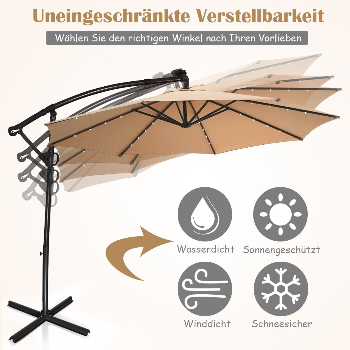 Parasol with LED solar lighting, rotatable cantilever umbrella for garden, Ø 300 cm, beige