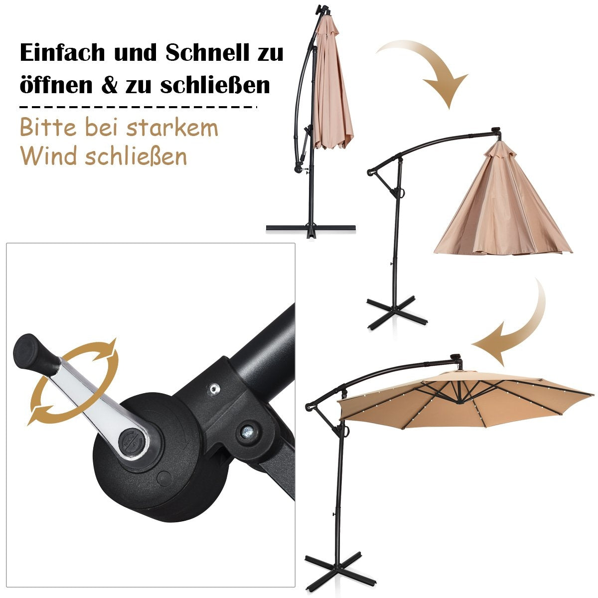 Parasol with LED solar lighting, rotatable cantilever umbrella for garden, Ø 300 cm, beige