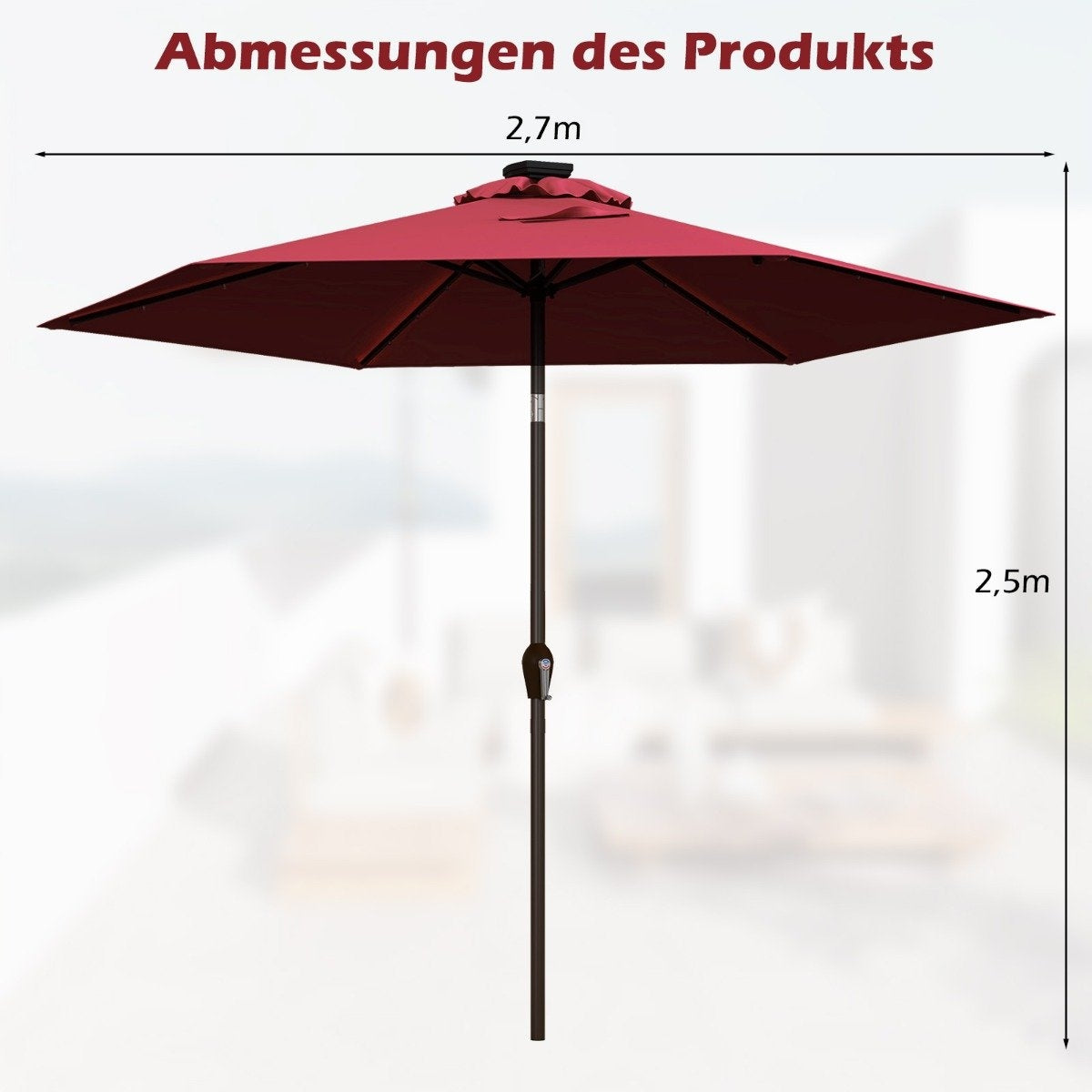 Parasol with solar LED lighting, cantilever umbrella, garden umbrella, crank umbrella, 2.7 m, red