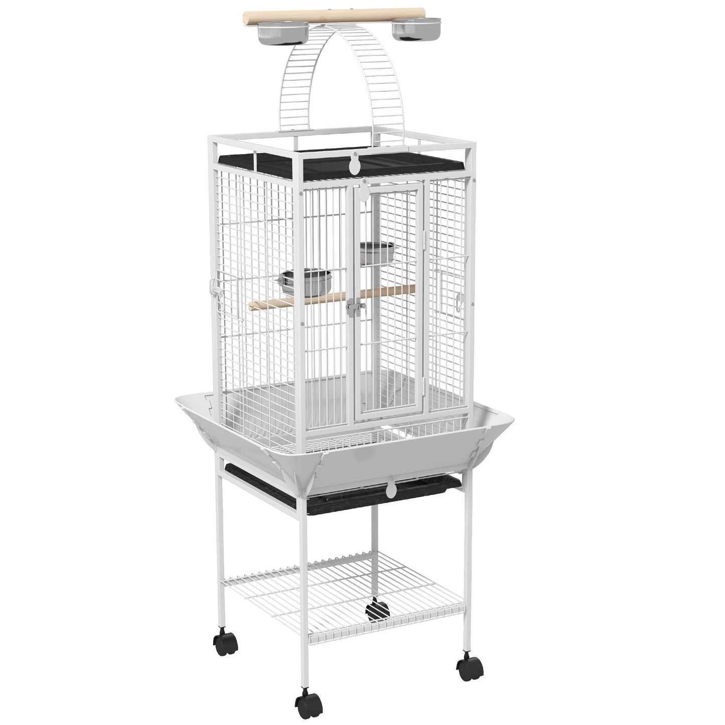 Parrot Cage with 3 Doors, 2 Perches, Wheels, White