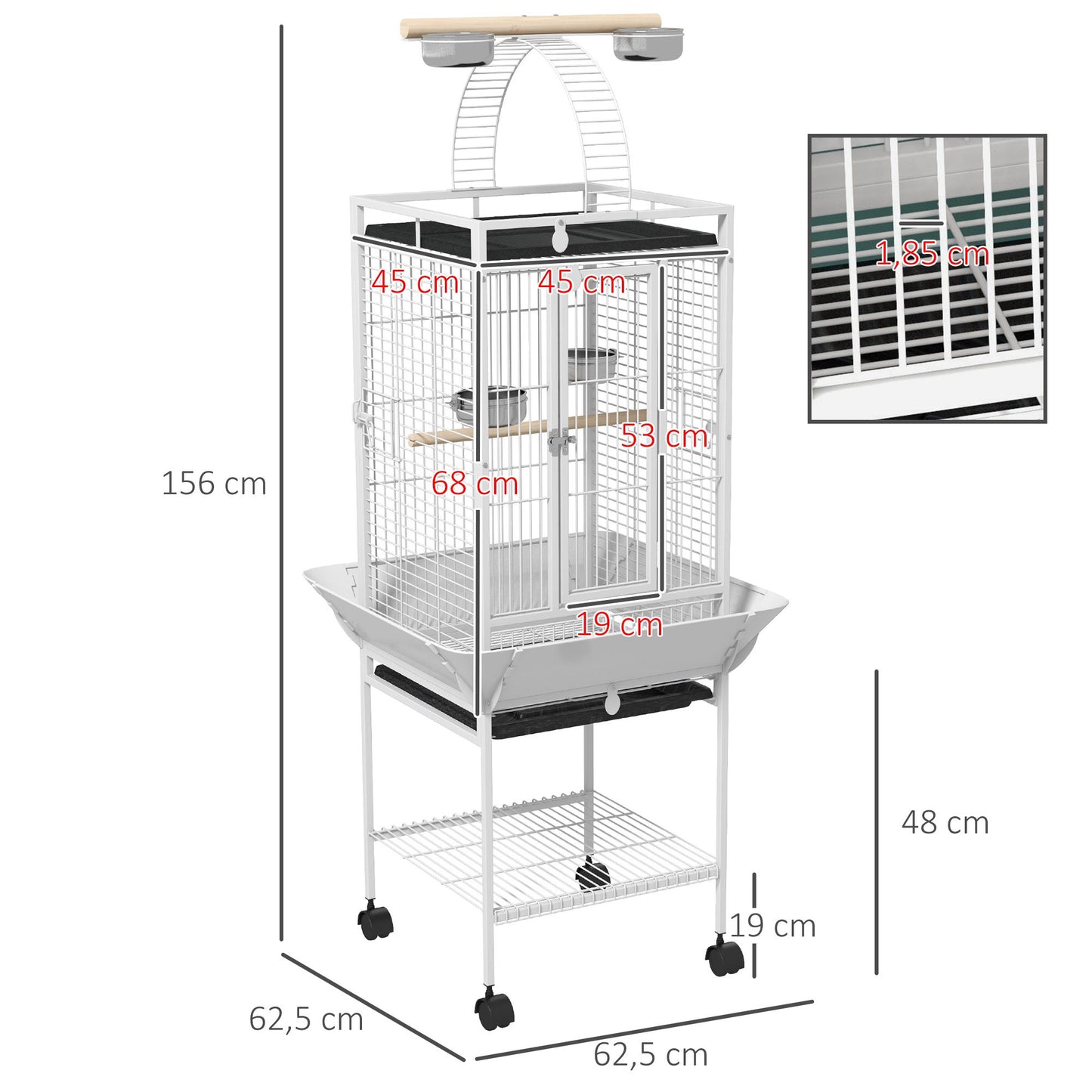 Parrot Cage with 3 Doors, 2 Perches, Wheels, White