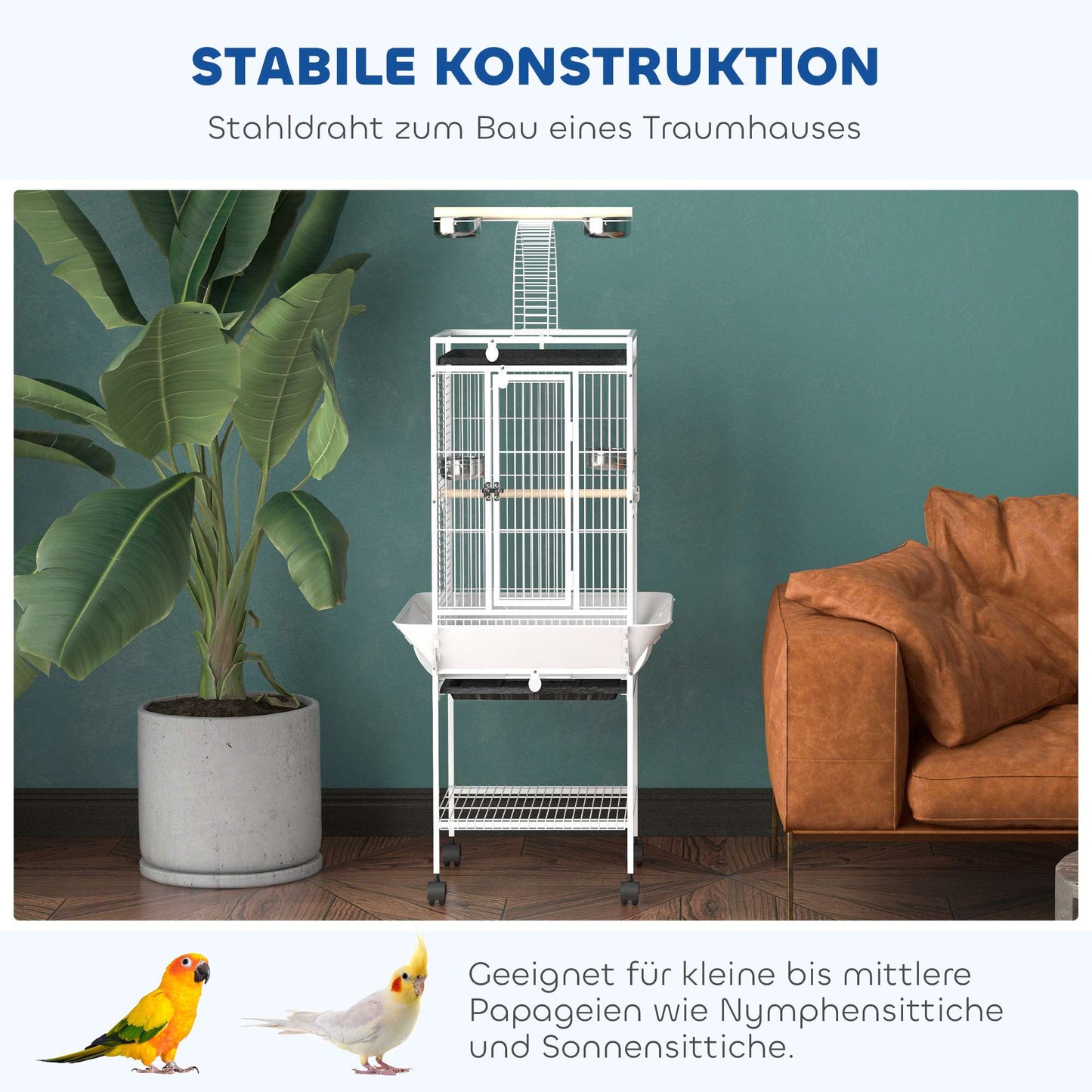 Parrot Cage with 3 Doors, 2 Perches, Wheels, White