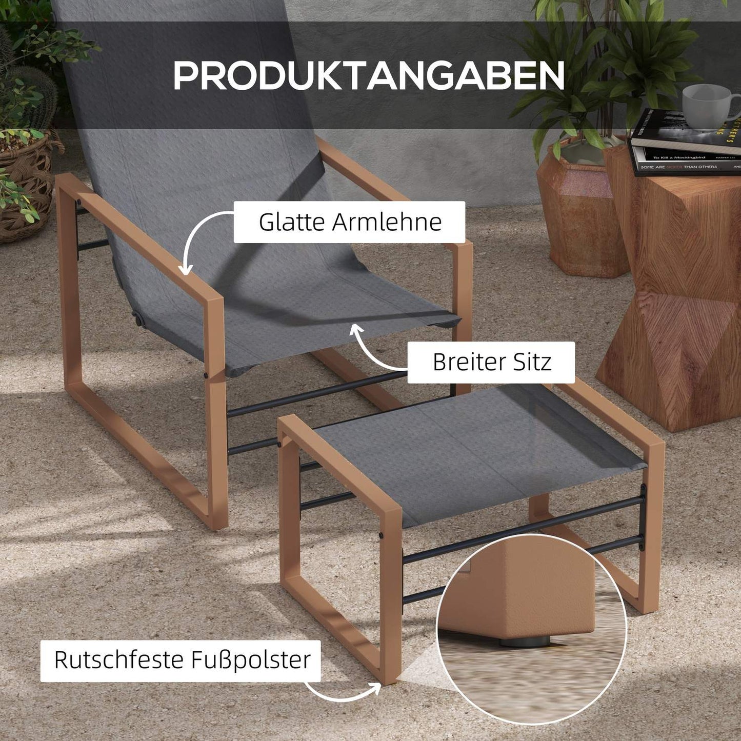 Patio chair set with mesh cover, metal frame, dark grey