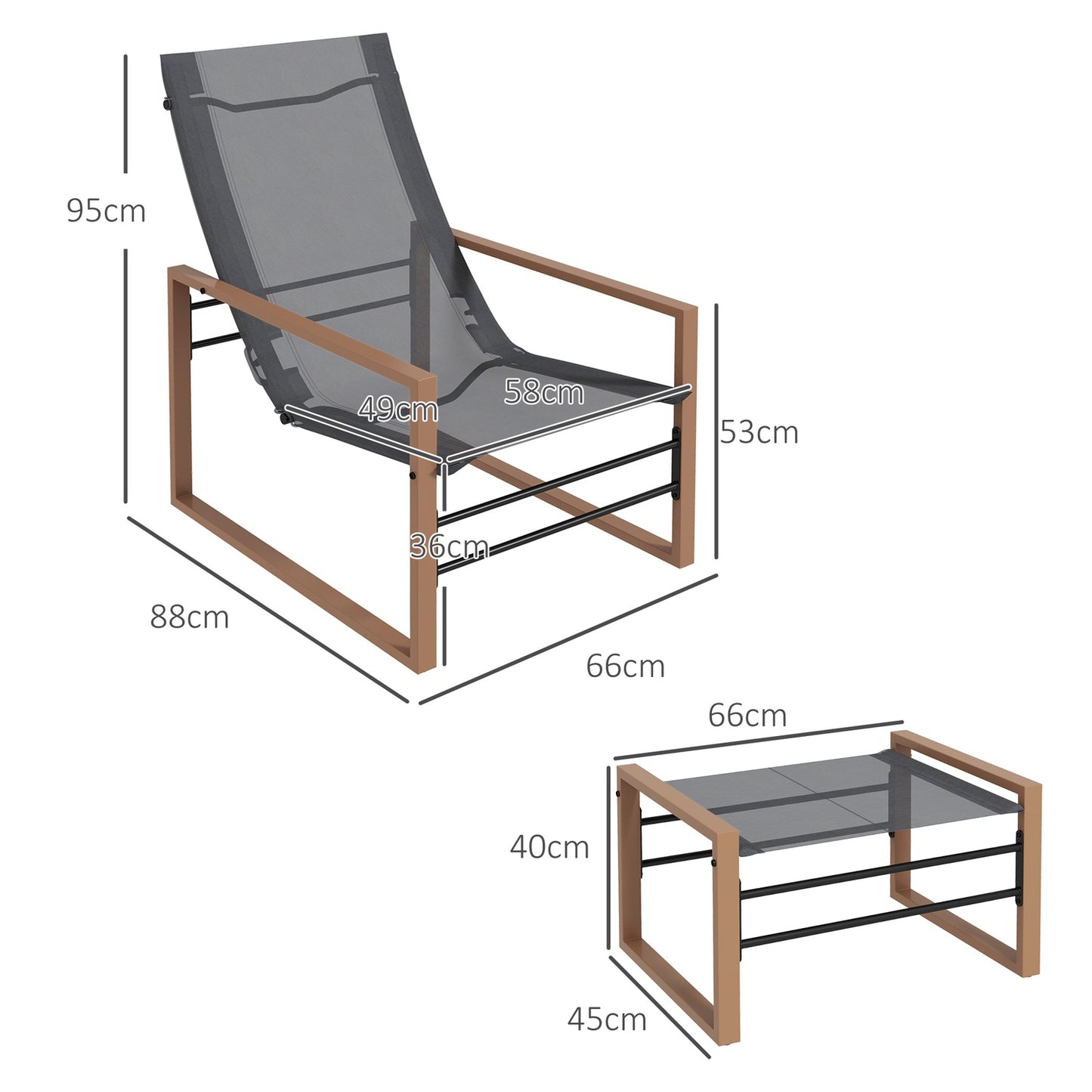 Patio chair set with mesh cover, metal frame, dark grey