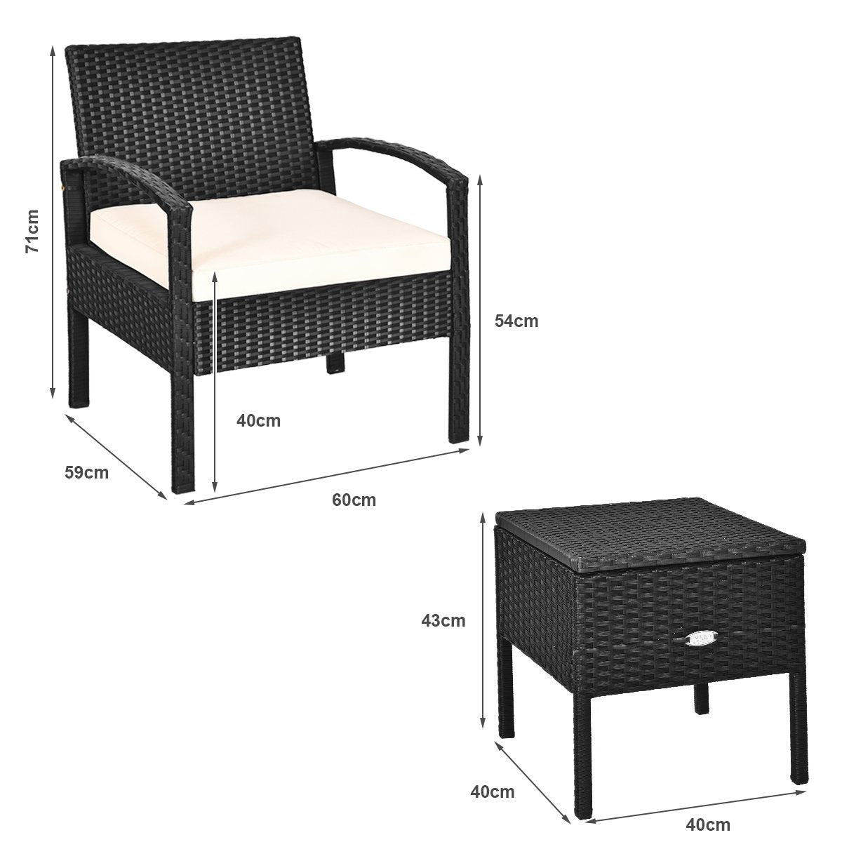 Patio Furniture Set 3 Pieces All Weather PE Rattan Conversation Set Black
