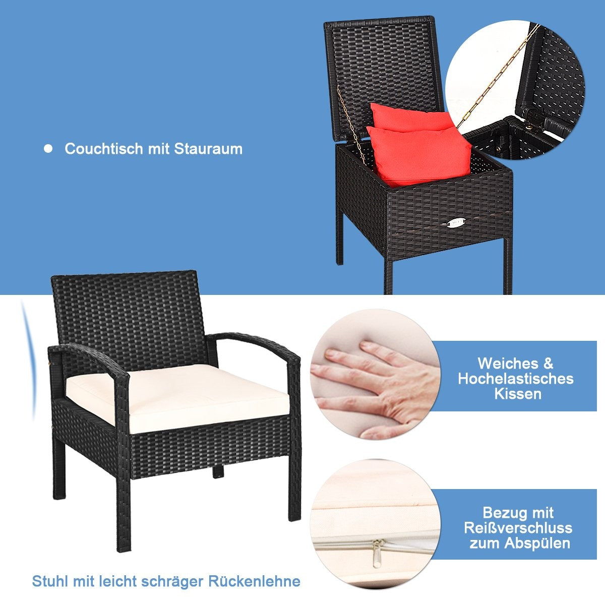 Patio Furniture Set 3 Pieces All Weather PE Rattan Conversation Set Black