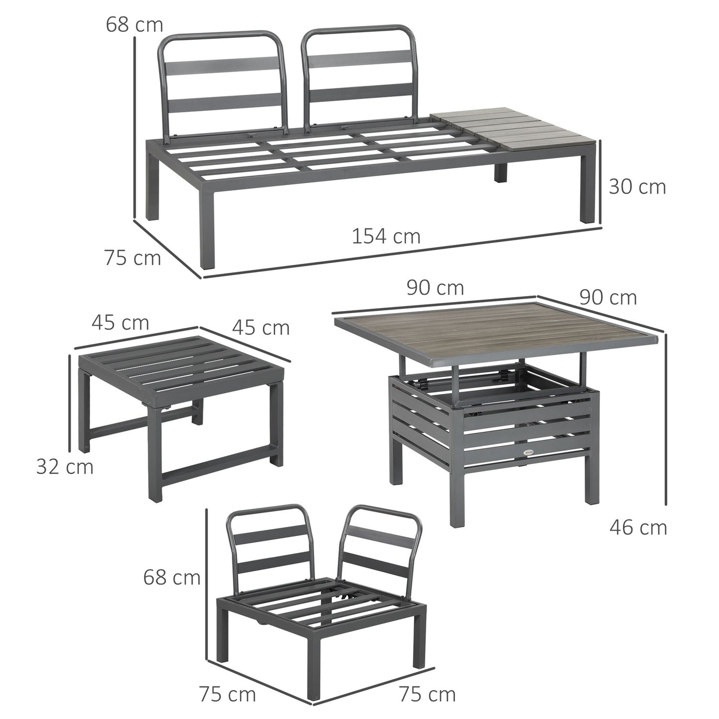 6-piece patio seating set, adjustable table, aluminum frame