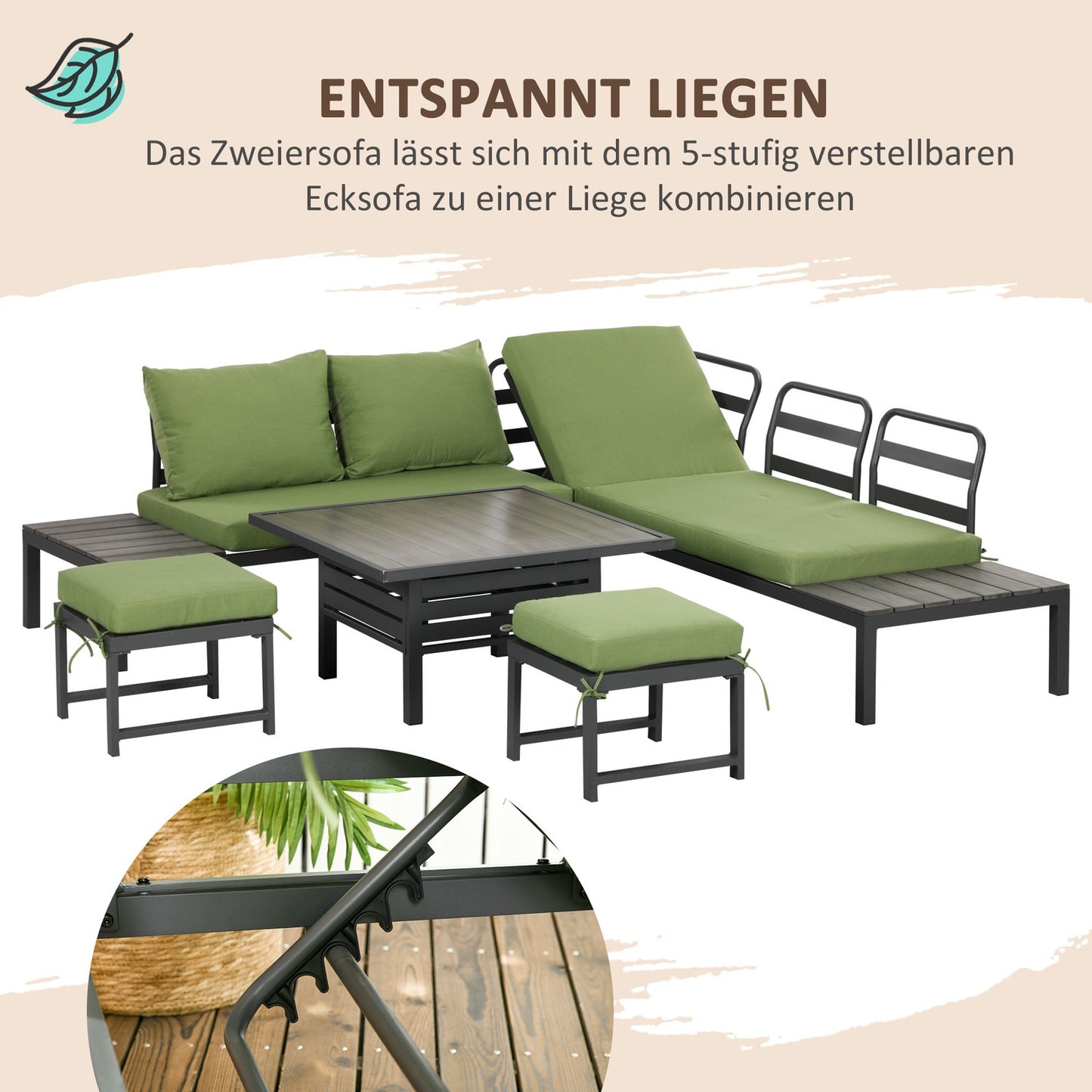 6-piece patio seating set, adjustable table, aluminum frame