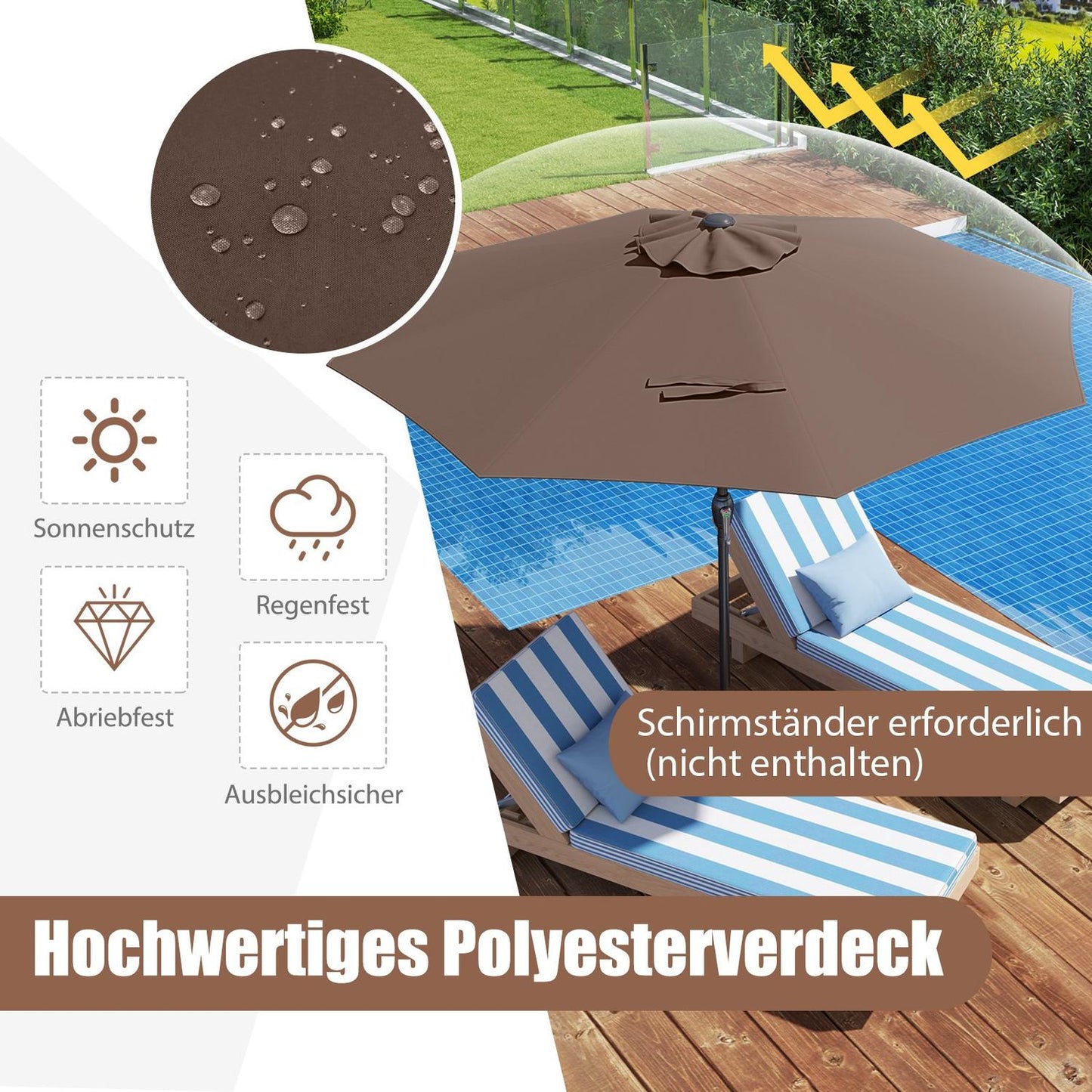 Patio Umbrella 250 cm with Crank, 8 Ribs, Brown