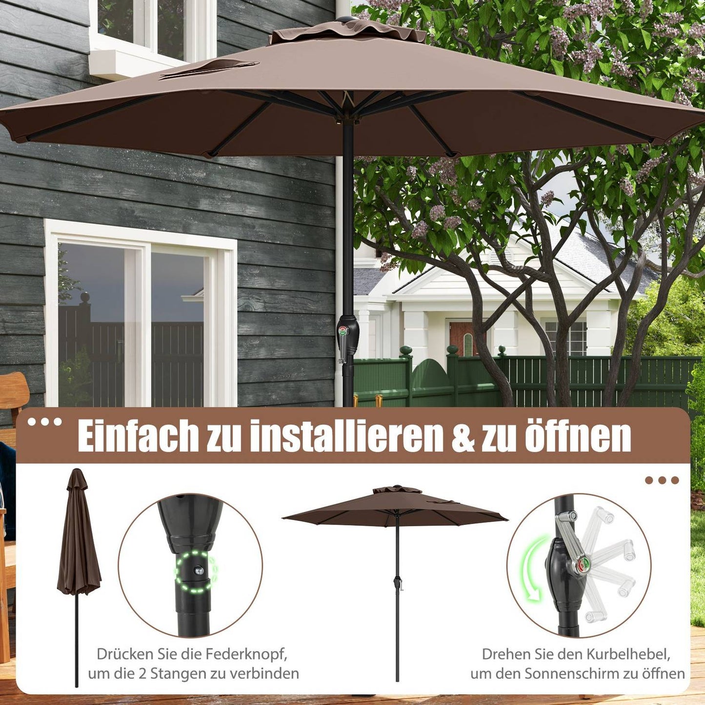 Patio Umbrella 250 cm with Crank, 8 Ribs, Brown