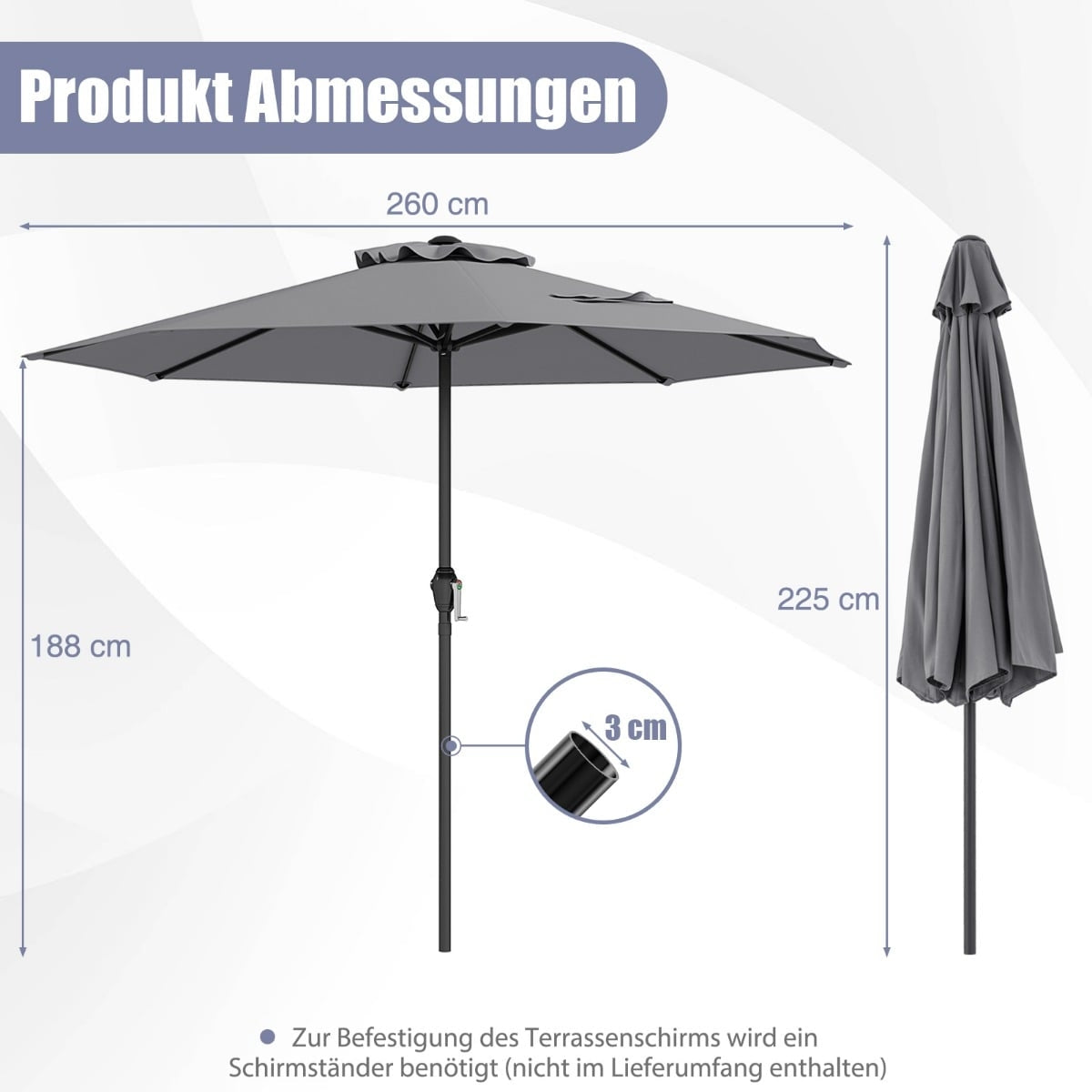 Patio Umbrella 250 cm with Crank, 8 Ribs, Grey