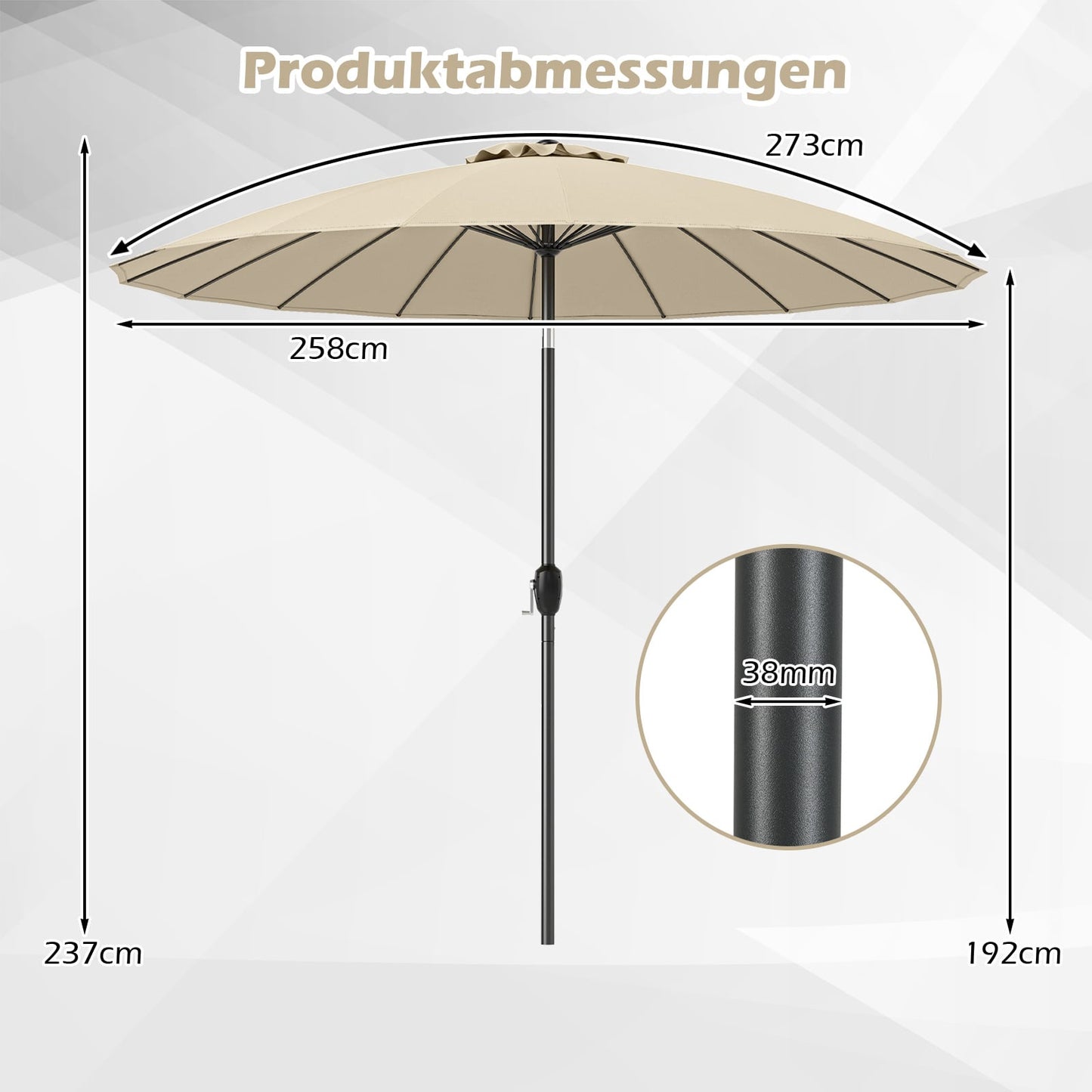 Patio Umbrella 258 cm, Beige, Crank Open/Close, Tilt 35