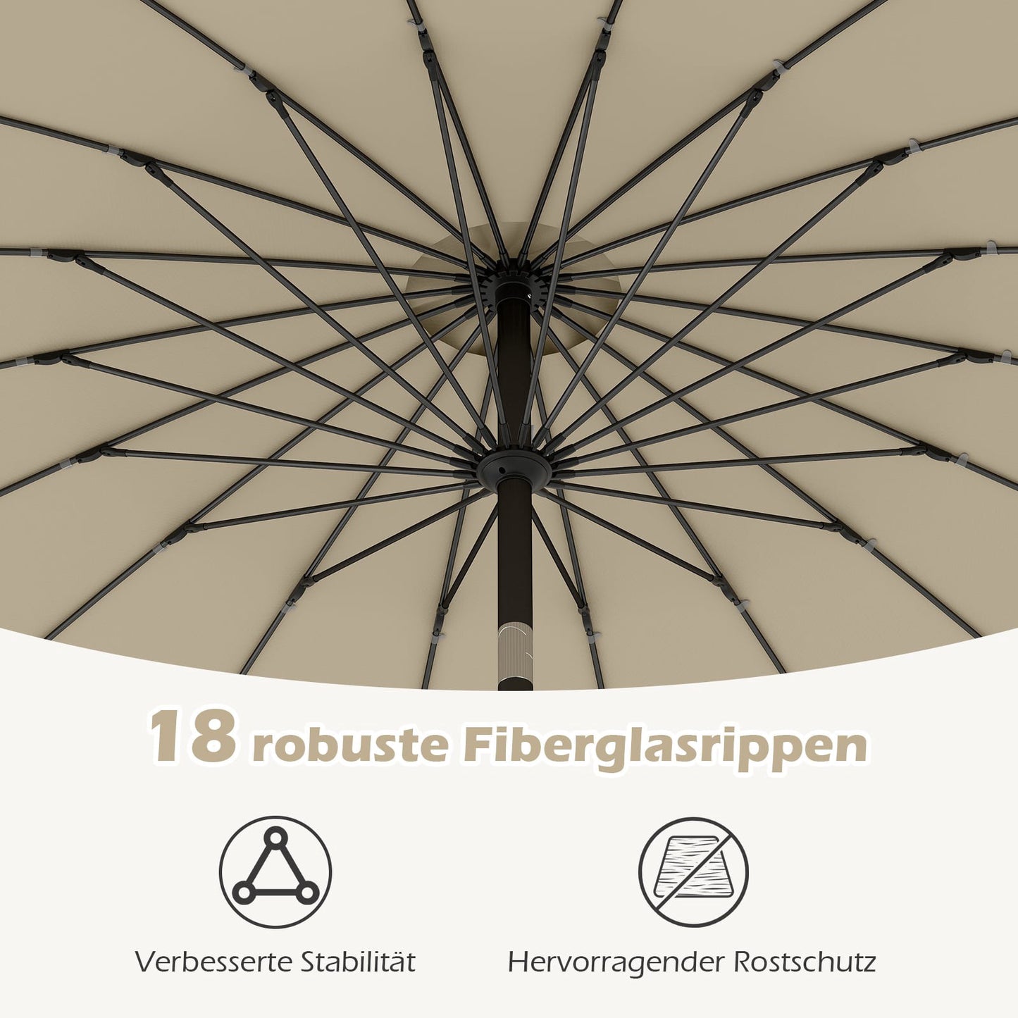 Patio Umbrella 258 cm, Beige, Crank Open/Close, Tilt 35