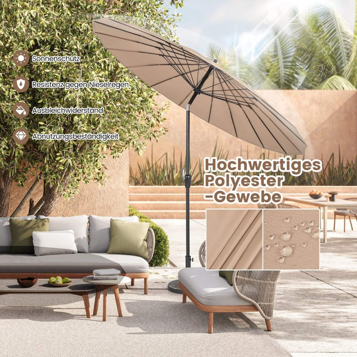 Patio Umbrella 265 cm, UV 50+, Tilt & Crank, Brown