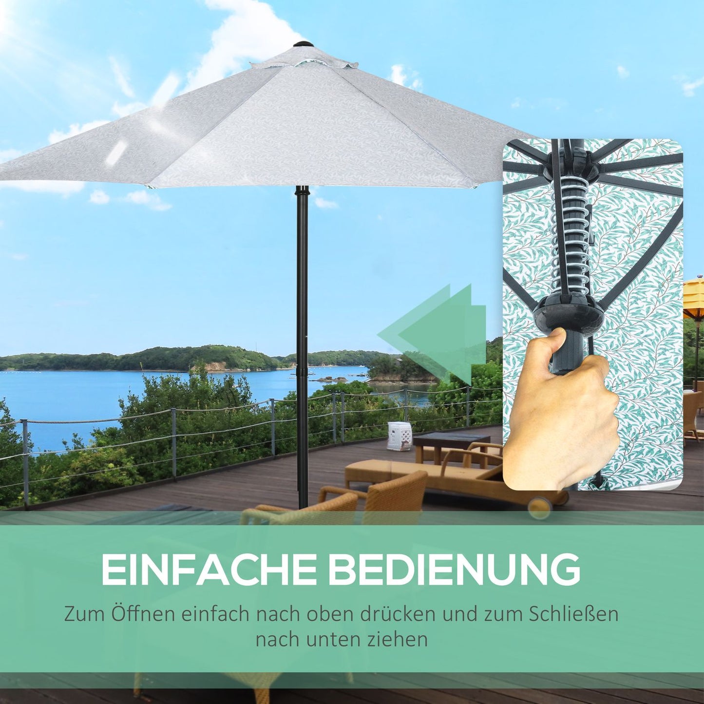 Large green patio umbrella with metal pole - Ø292 cm