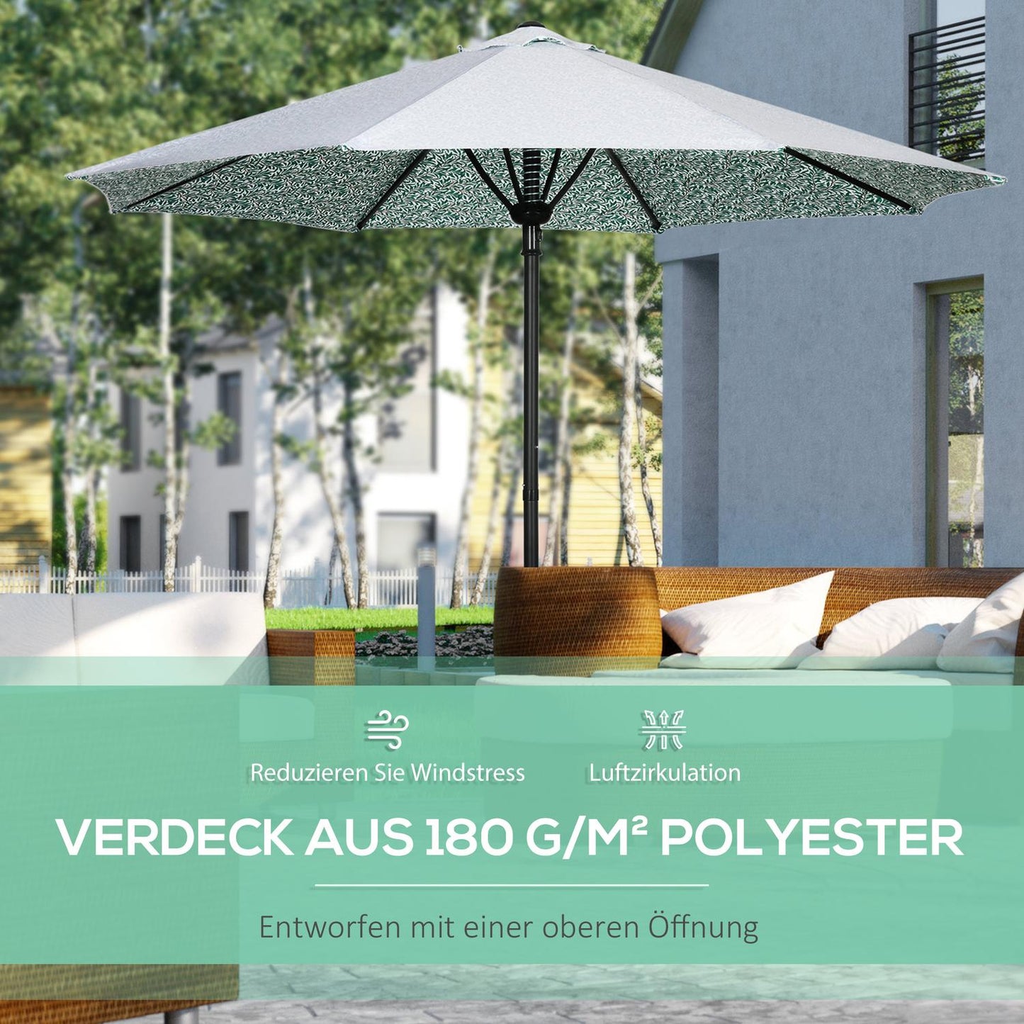 Large green patio umbrella with metal pole - Ø292 cm