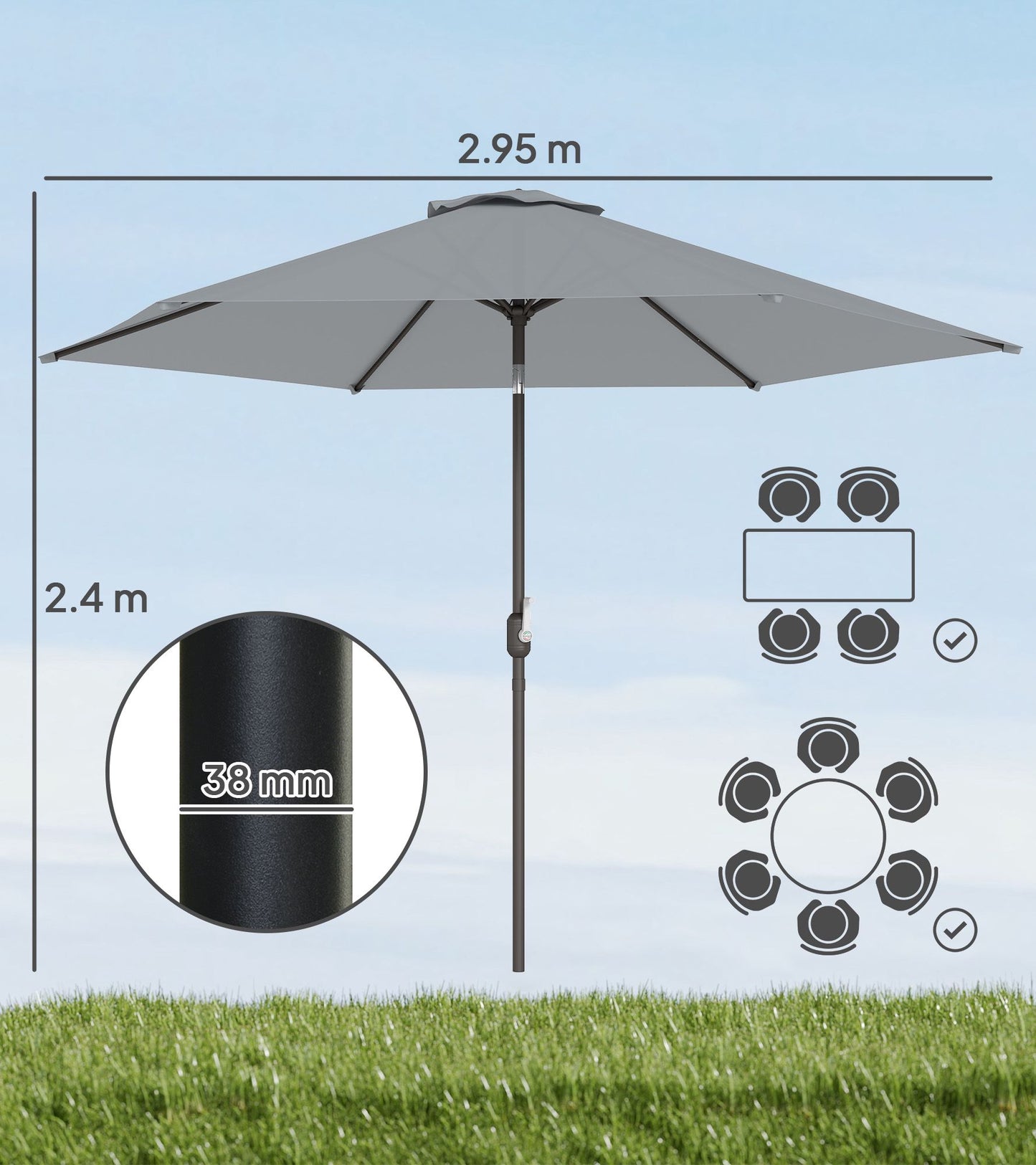 Patio Umbrella 2.95m with Tilt, UPF30+ Polyester