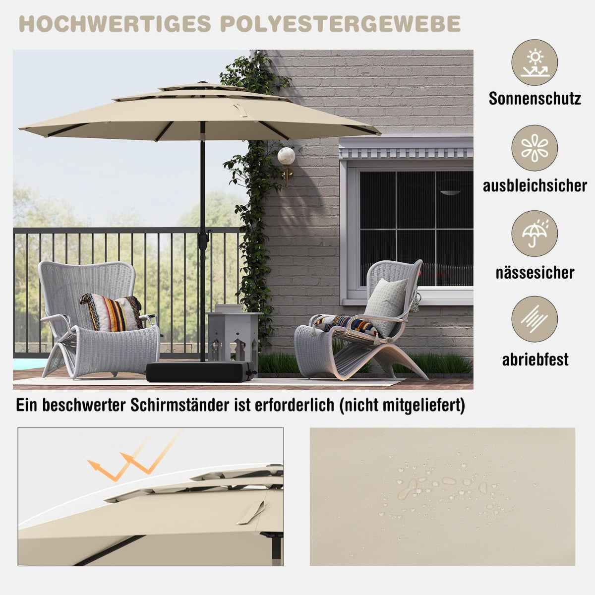 Patio Umbrella, 300 cm, Tilt & Crank, Beige