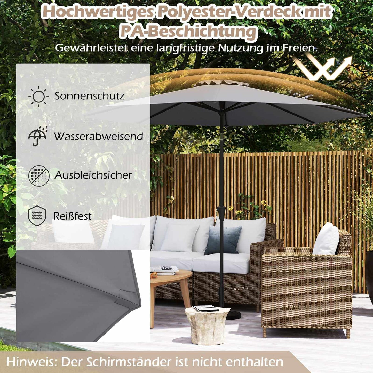 Patio Umbrella, 300 cm, Tilt & Crank, Grey, Water-Resistant