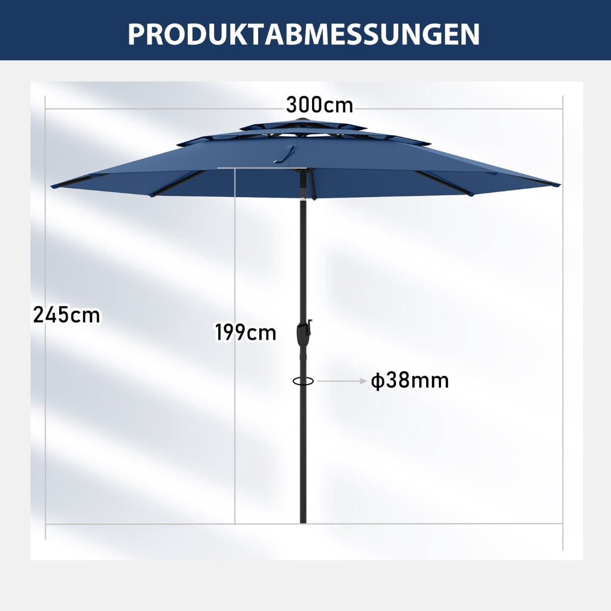 Patio Umbrella 300cm, Tilt & Crank, Marine Blue