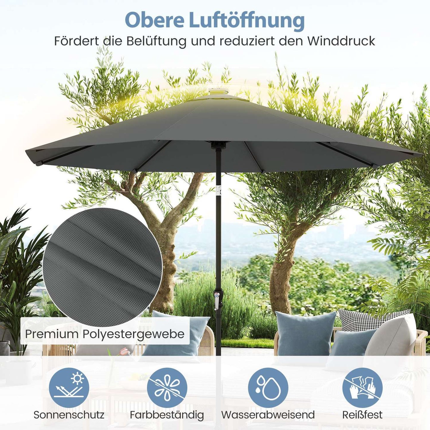 Patio Umbrella 300cm with Solar LED Lights, 9 Modes