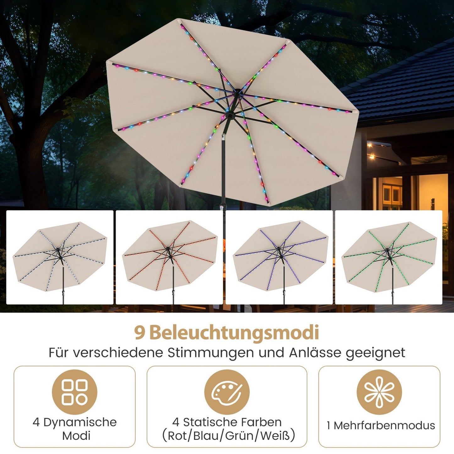 Patio Umbrella 300cm with Solar LED Lights, 9 Modes