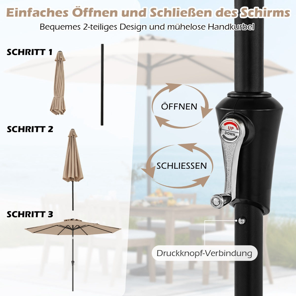 Patio Umbrella, 303 cm, Tiltable, Brown, Outdoor Use