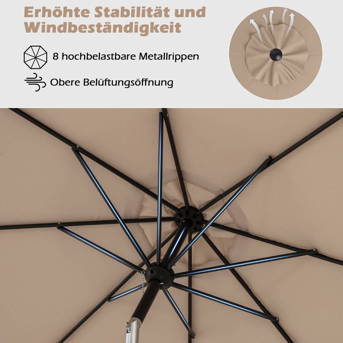Patio Umbrella, 303 cm, Tiltable, Brown, Outdoor Use