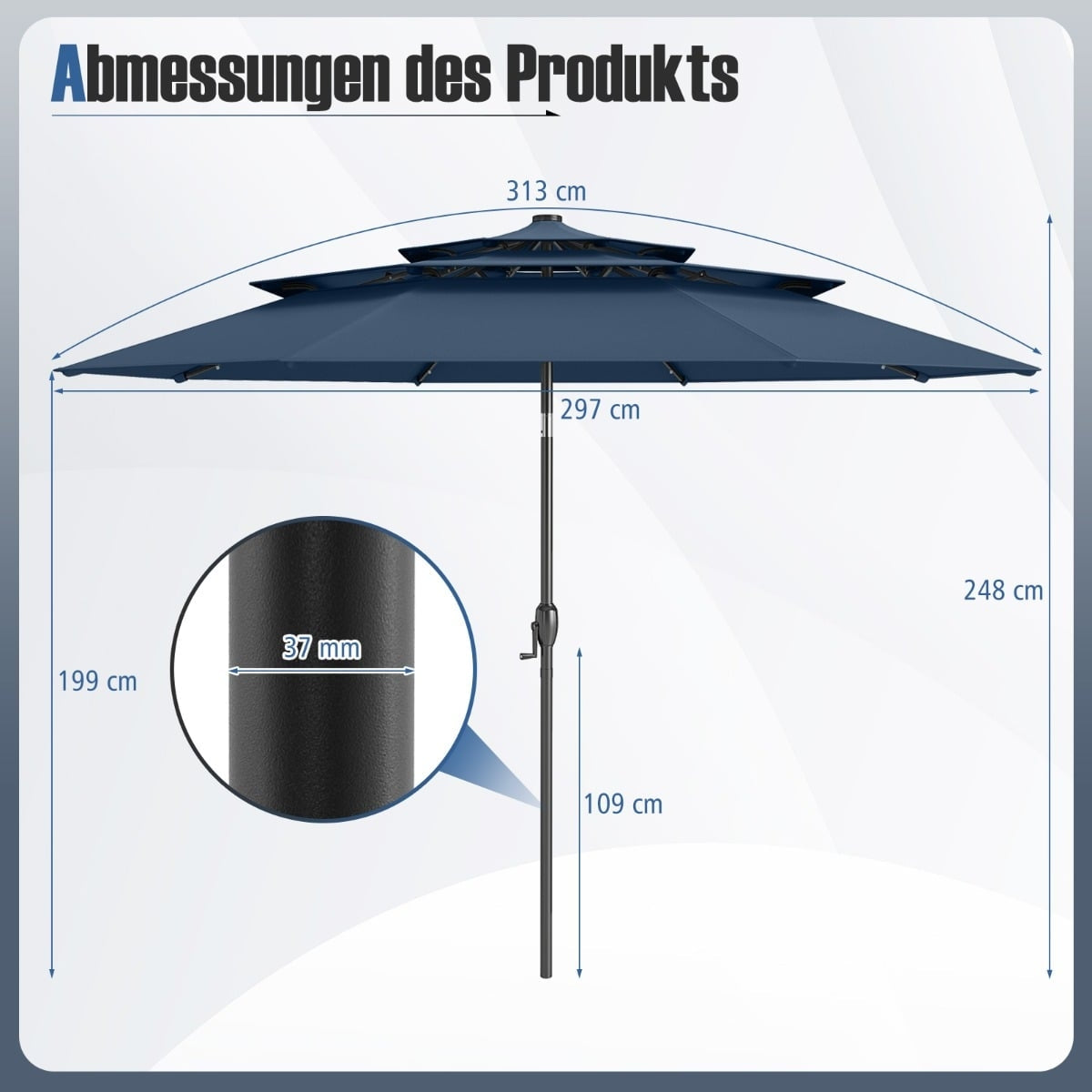Patio Umbrella, 3-Tier, Solar LED, Tilting, Navy Blue