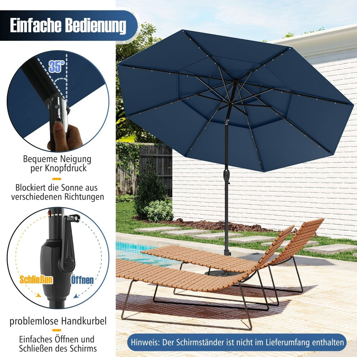 Patio Umbrella, 3-Tier, Solar LED, Tilting, Navy Blue
