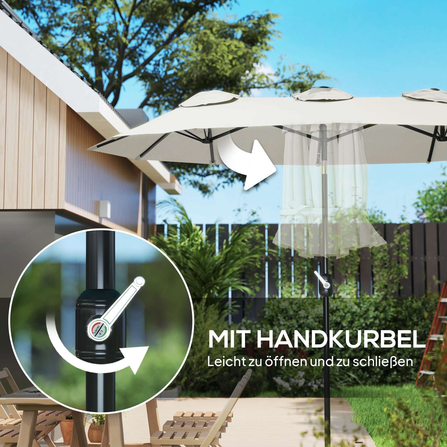 Patio Umbrella, Tiltable, Hand Crank, 295 x 152 cm, Cream