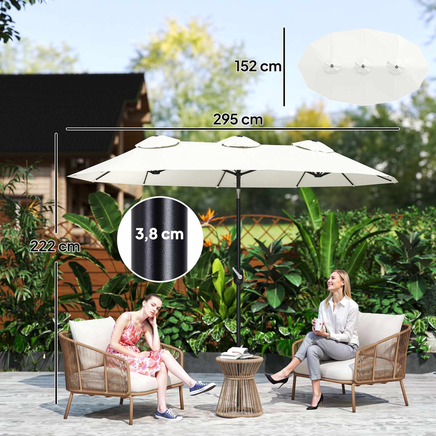Patio Umbrella, Tiltable, Hand Crank, 295 x 152 cm, Cream