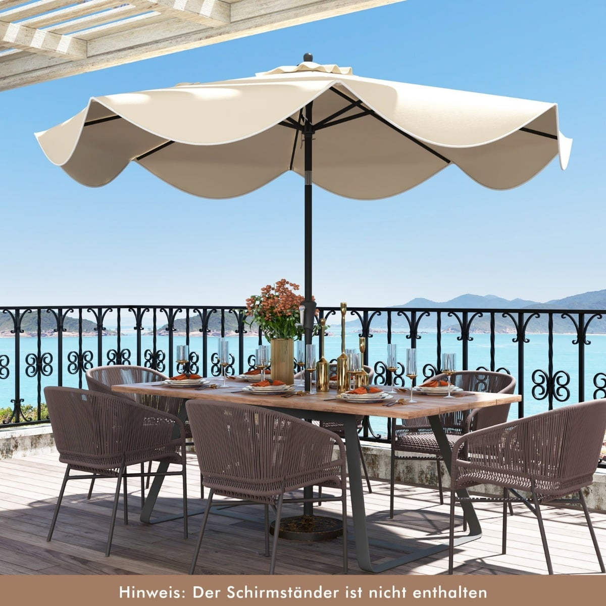 Patio Umbrella with Crank, Tilt, Ruffled Edges, Beige