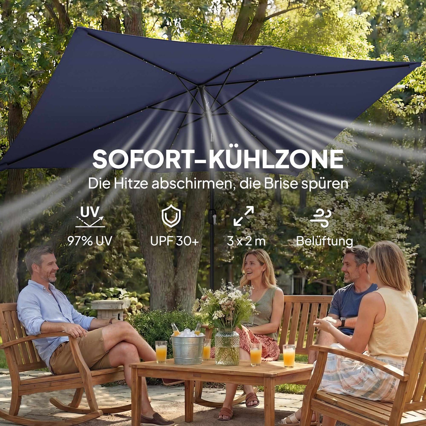 Patio Umbrella with Solar LED Lights, Tilt & Crank, Navy