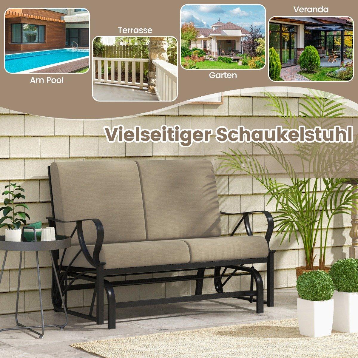 Patio bench with cushions sprayed metal frame curved armrests ergonomic design brown