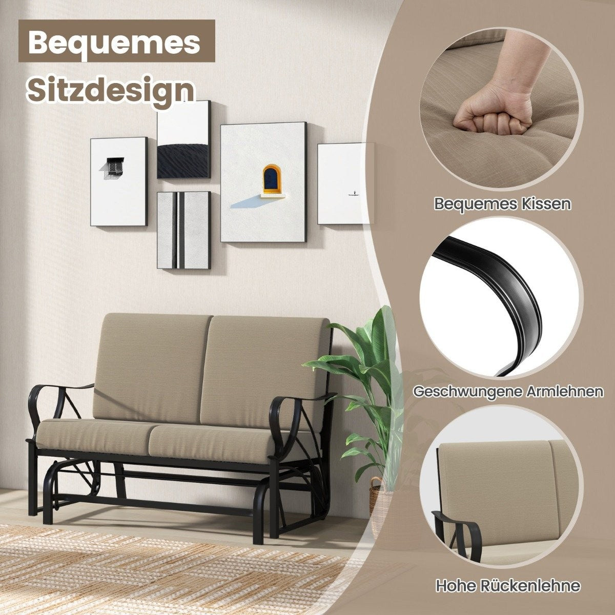 Patio bench with cushions sprayed metal frame curved armrests ergonomic design brown