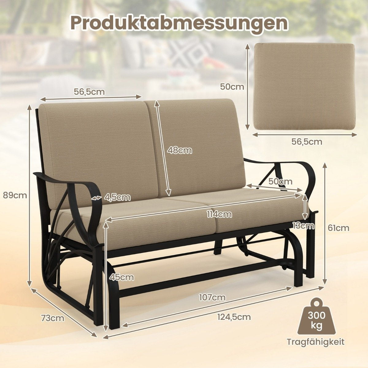 Patio bench with cushions sprayed metal frame curved armrests ergonomic design brown