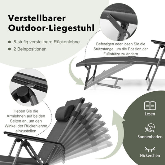 Patio deck chair outdoor patio chair folding lounger with 8 adjustable backs black