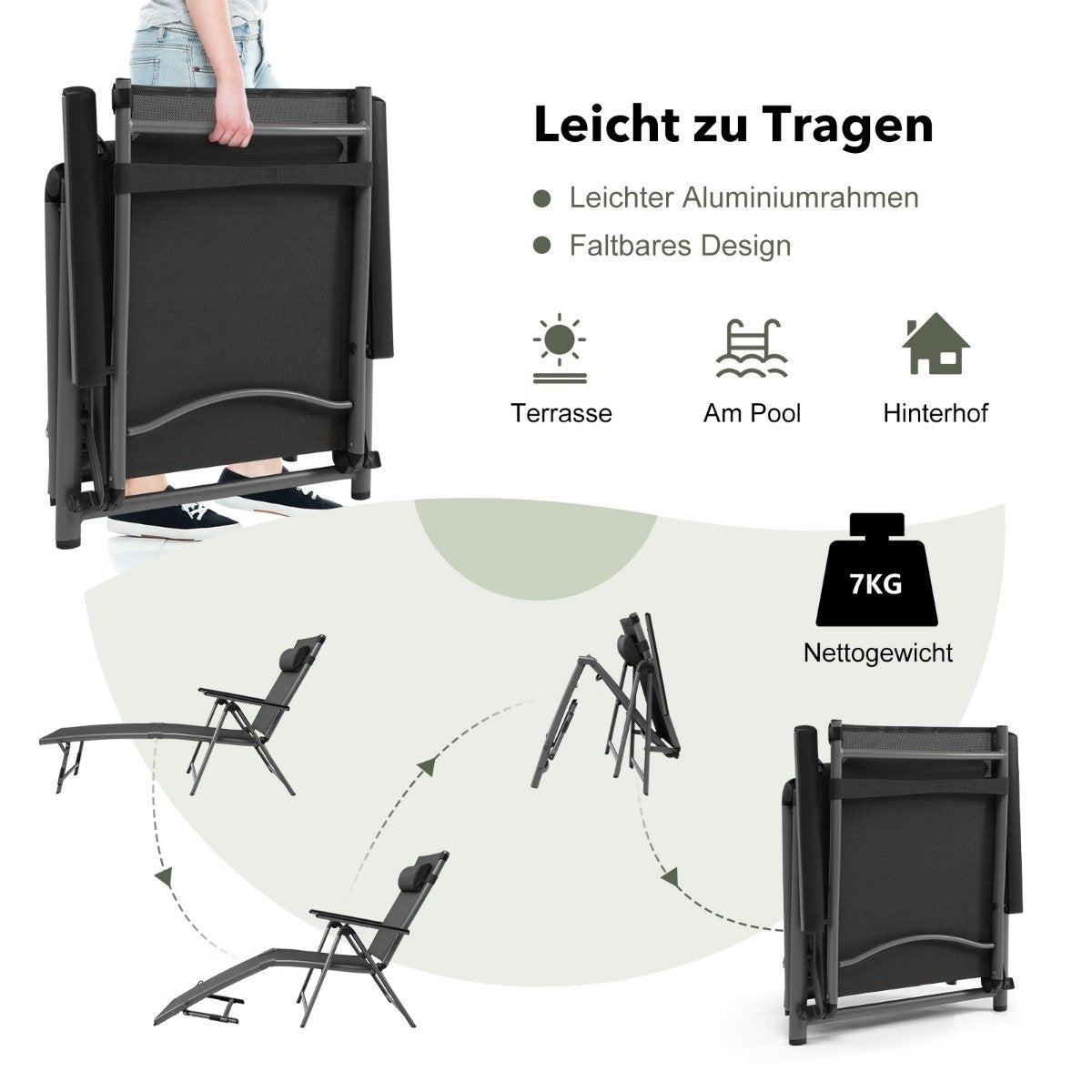 Patio deck chair outdoor patio chair folding lounger with 8 adjustable backs black