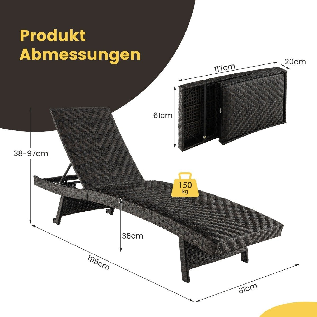 Patio deck chair rattan deck chair with 5-level adjustable backrest 195 x 61 x 38-97 cm mix brown