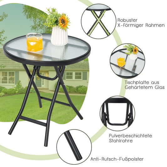 Patio dining table round glass table with tempered glass table top 46.5 x 46.5 x 47.5 cm black