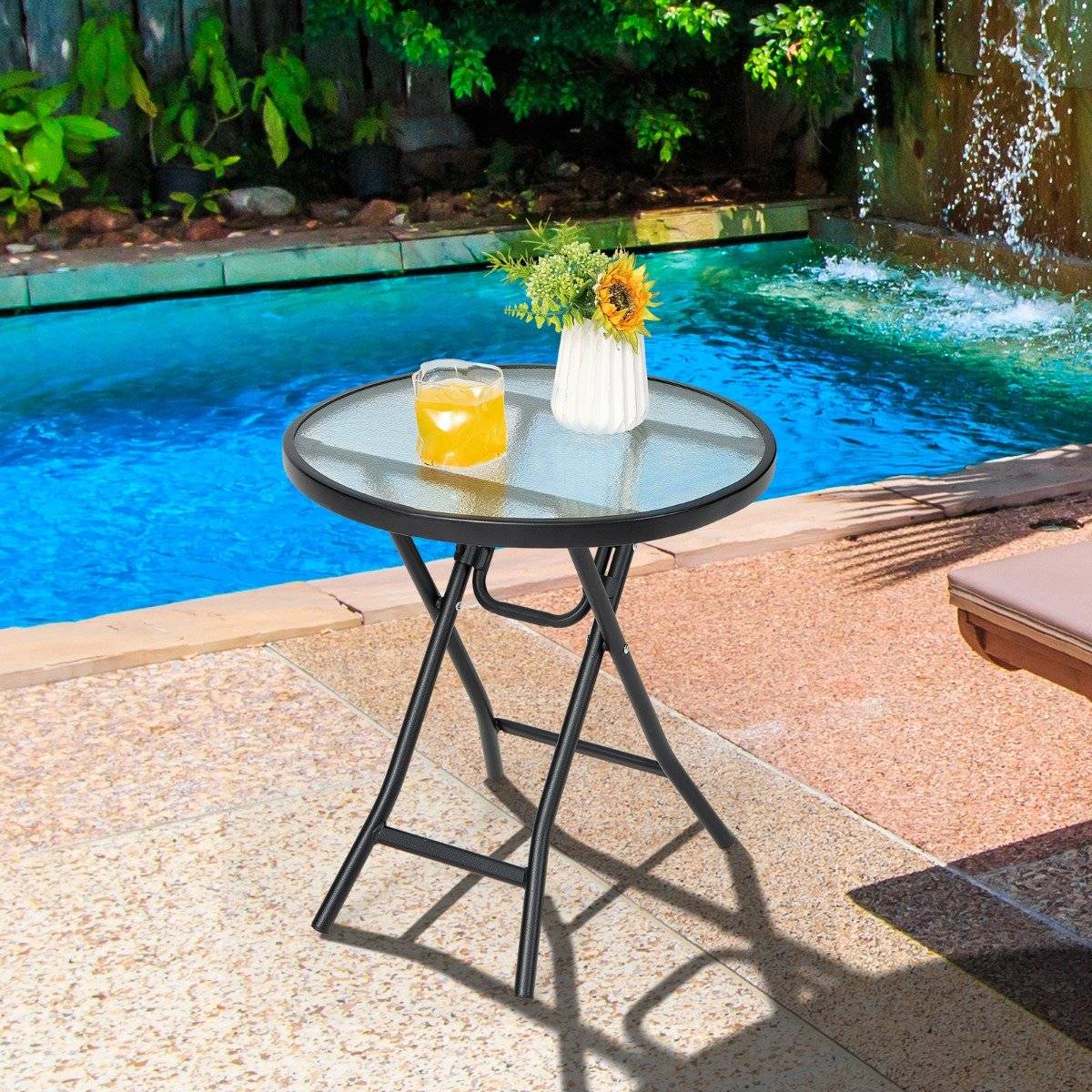 Patio dining table round glass table with tempered glass table top 46.5 x 46.5 x 47.5 cm black
