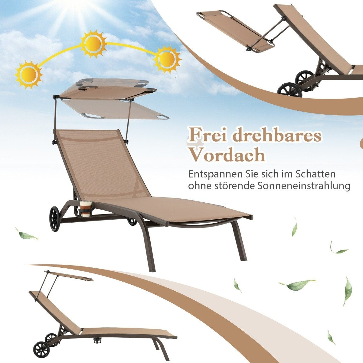 Patio lounger outdoor deck chair with wheels beach lounger made of metal brown