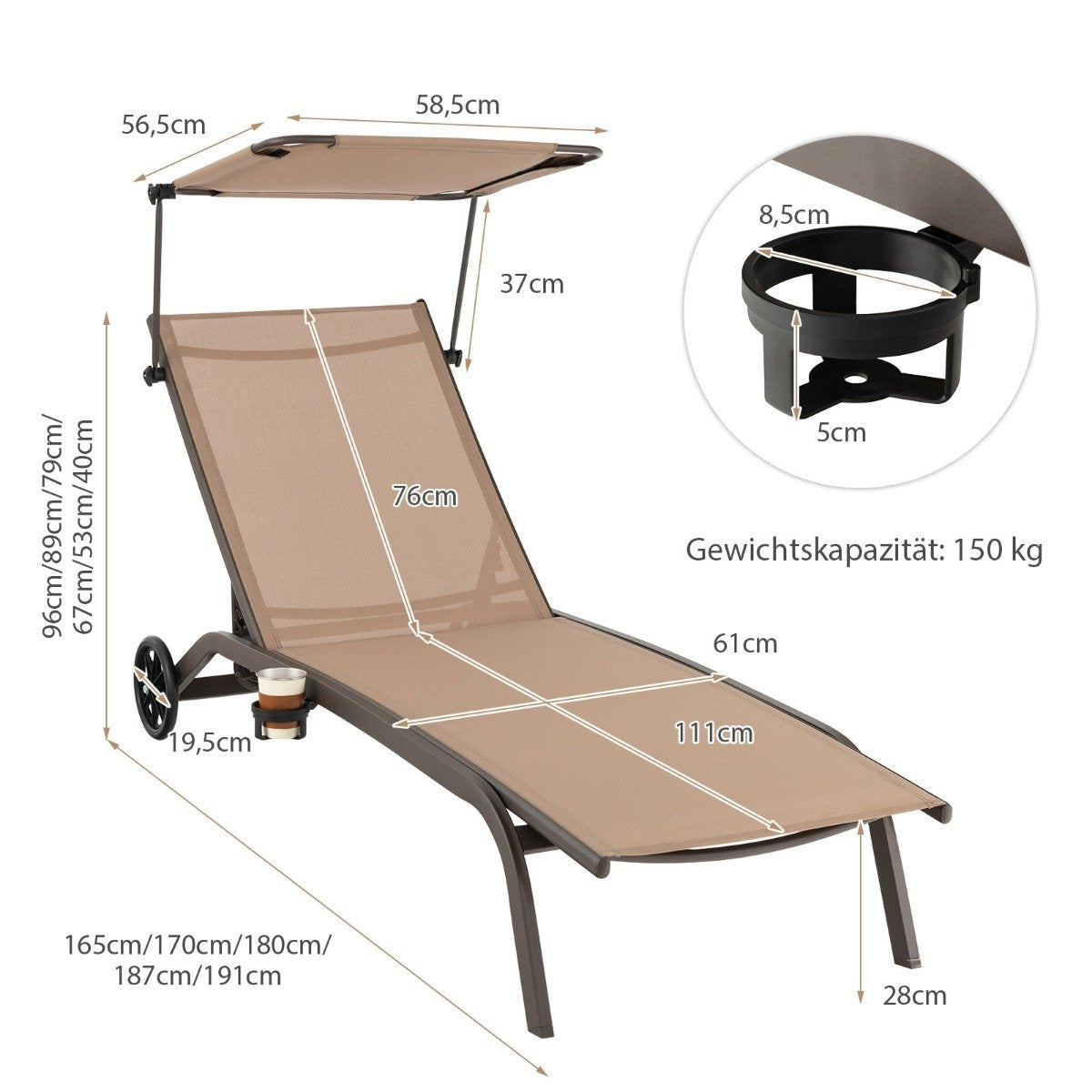 Patio lounger outdoor deck chair with wheels beach lounger made of metal brown