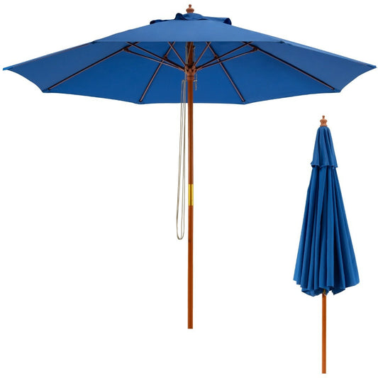 Patio umbrella market umbrella made of wood with pulley mechanism 283 x 252.5 cm blue