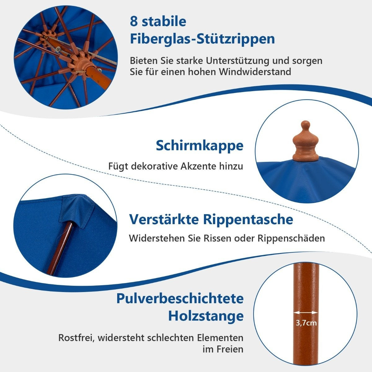Patio umbrella market umbrella made of wood with pulley mechanism 283 x 252.5 cm blue