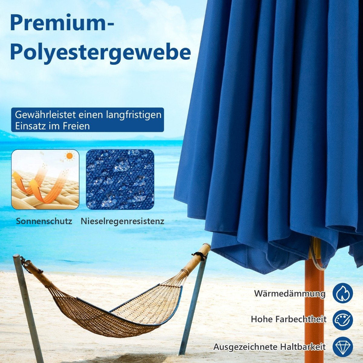 Patio umbrella market umbrella made of wood with pulley mechanism 283 x 252.5 cm blue